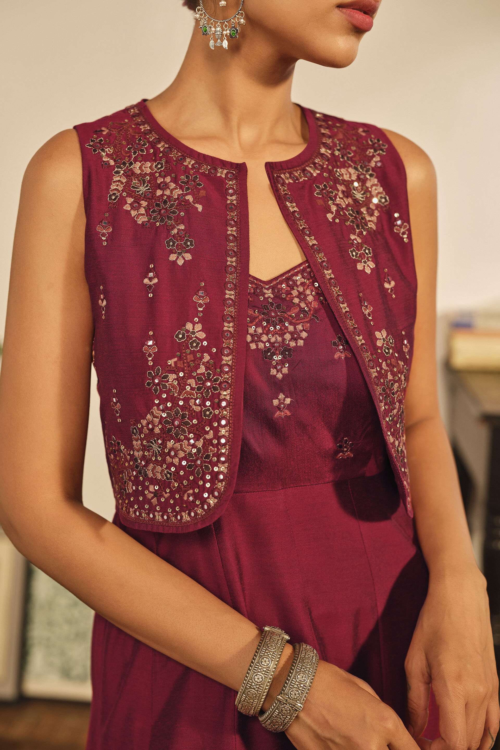 Embroidered Maxi Dress Set in Maroon, Maroon, image 2